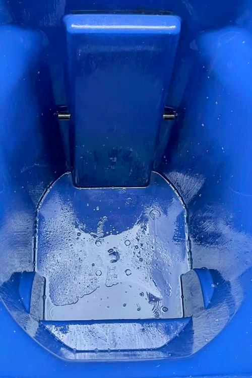After trash bin cleaning: freshly washed blue trash bin